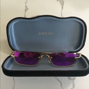 Gucci Gold Frame Sunglasses with Purple Logo Lenses